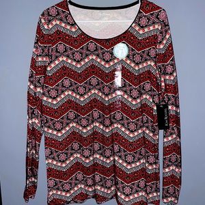 Kim Rogers, Large, Red/Black/White Designed Long-sleeve Shirt